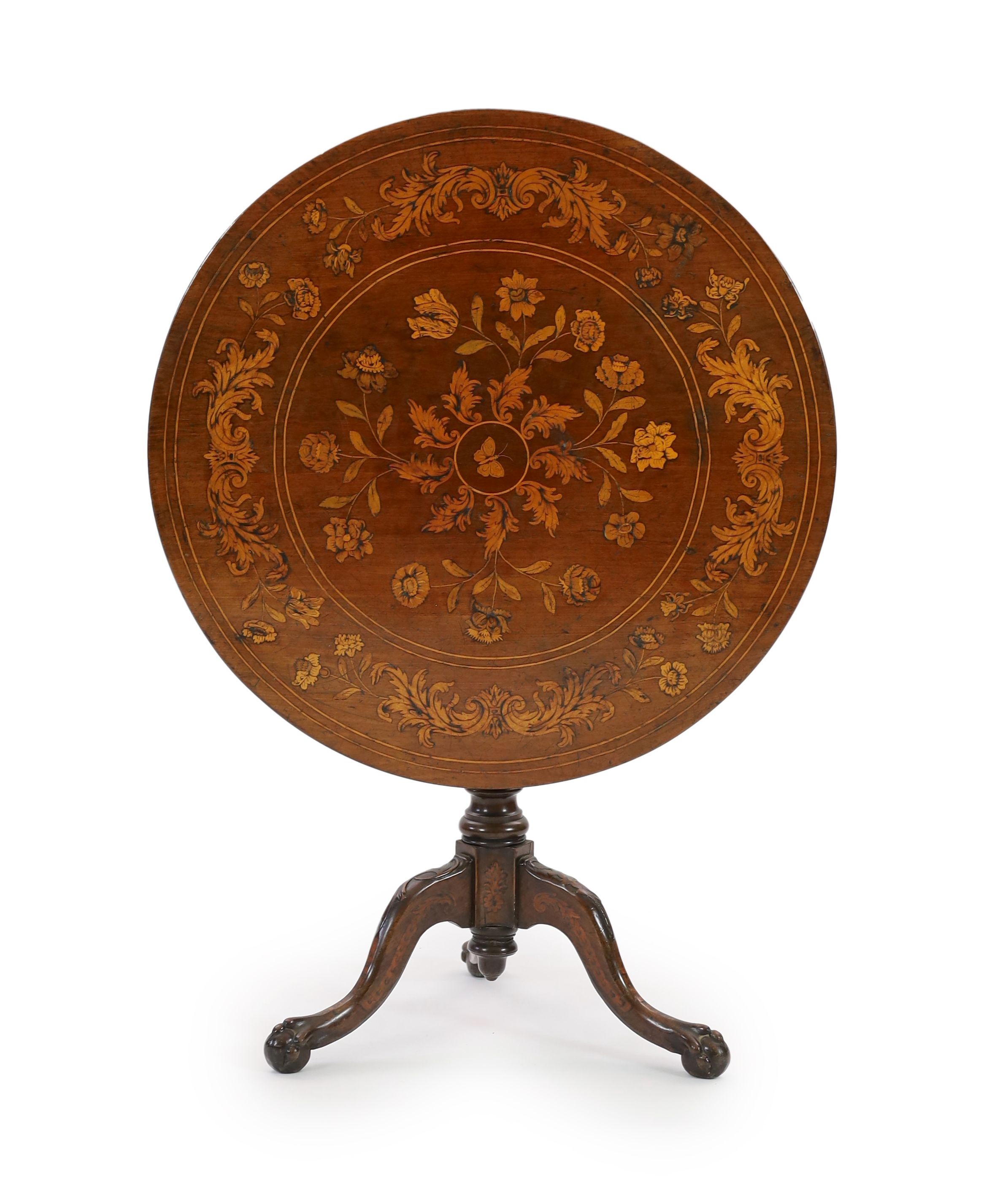 A mid to late 18th century Dutch marquetry inlaid walnut tripod table, Diam.83cm H.72cm